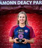 7 April 2025; Emma Doherty of Galway United pictured with her SSE Airtricity Womens Premier Division Player of the Month Award for March at Eamon Deacy Park in Galway. Photo by Sam Barnes/Sportsfile *** NO REPRODUCTION FEE ***